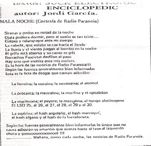 Letra de Mala Noche (Las noticias de Radio Paranoia