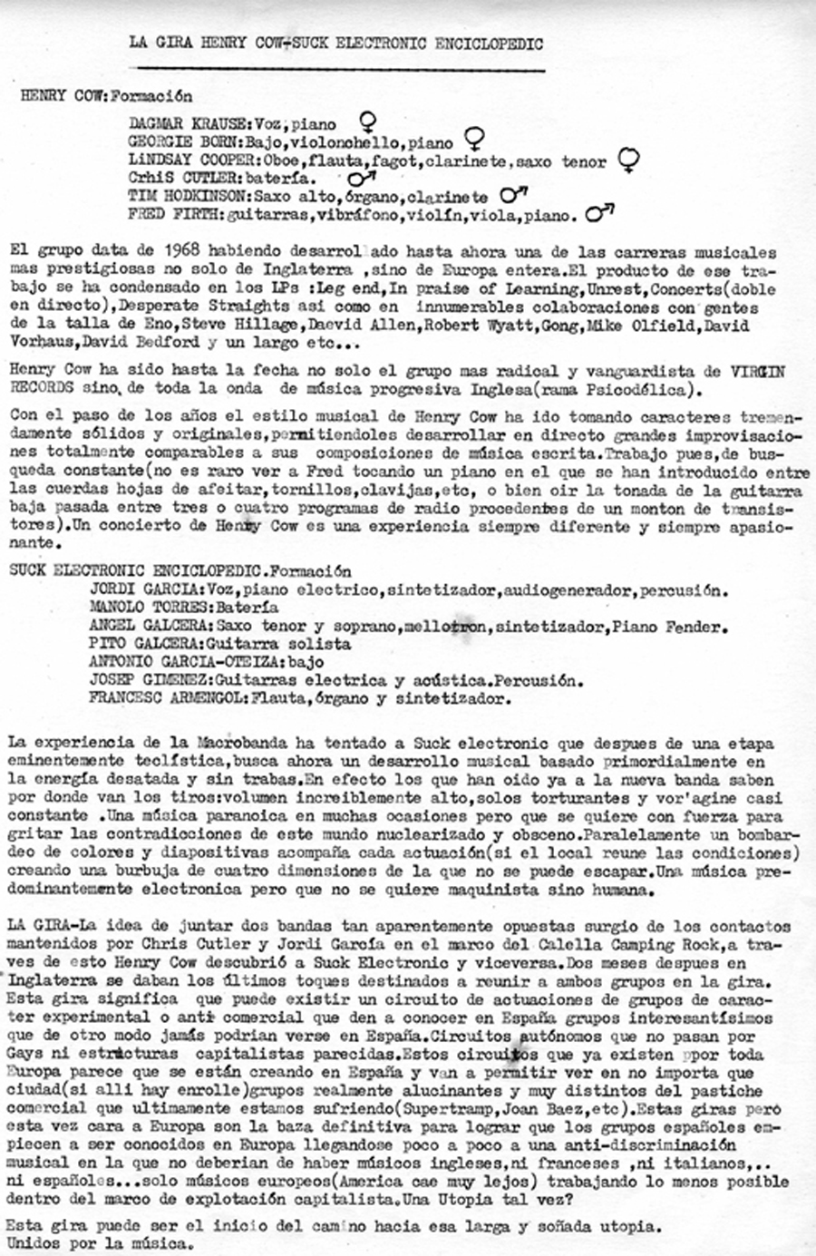 Hoja promocional HENRY COW & SUCK E.E.