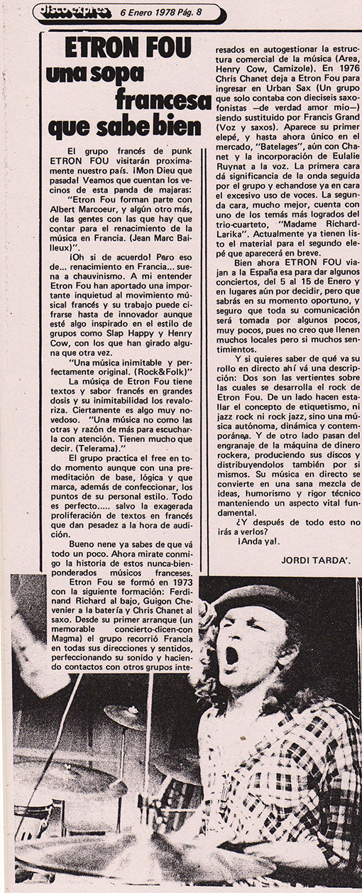Reseña de Etron Fou por J. Tardà (Disco Expres)