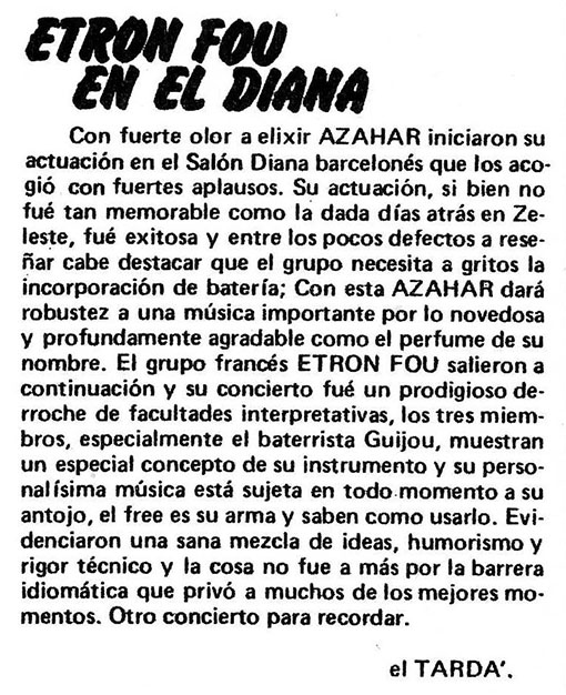 Reseña de Etron Fou&co en el Diana por J. tardà (Disco Express)